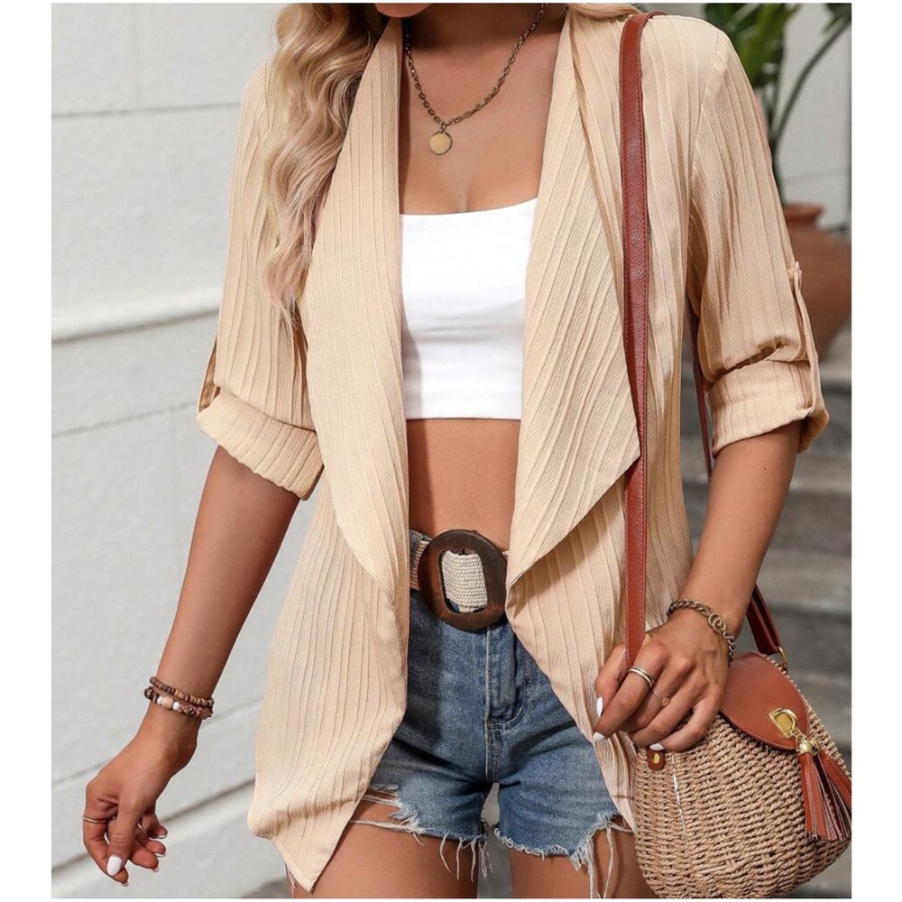 Ribbed Open front Cuffed Sleeve Blazer Jacket - Picture 6 of 13